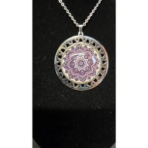 Purple Mandala Round Pendant Necklace Stainless Steel Glass Costume Jewelry 18in